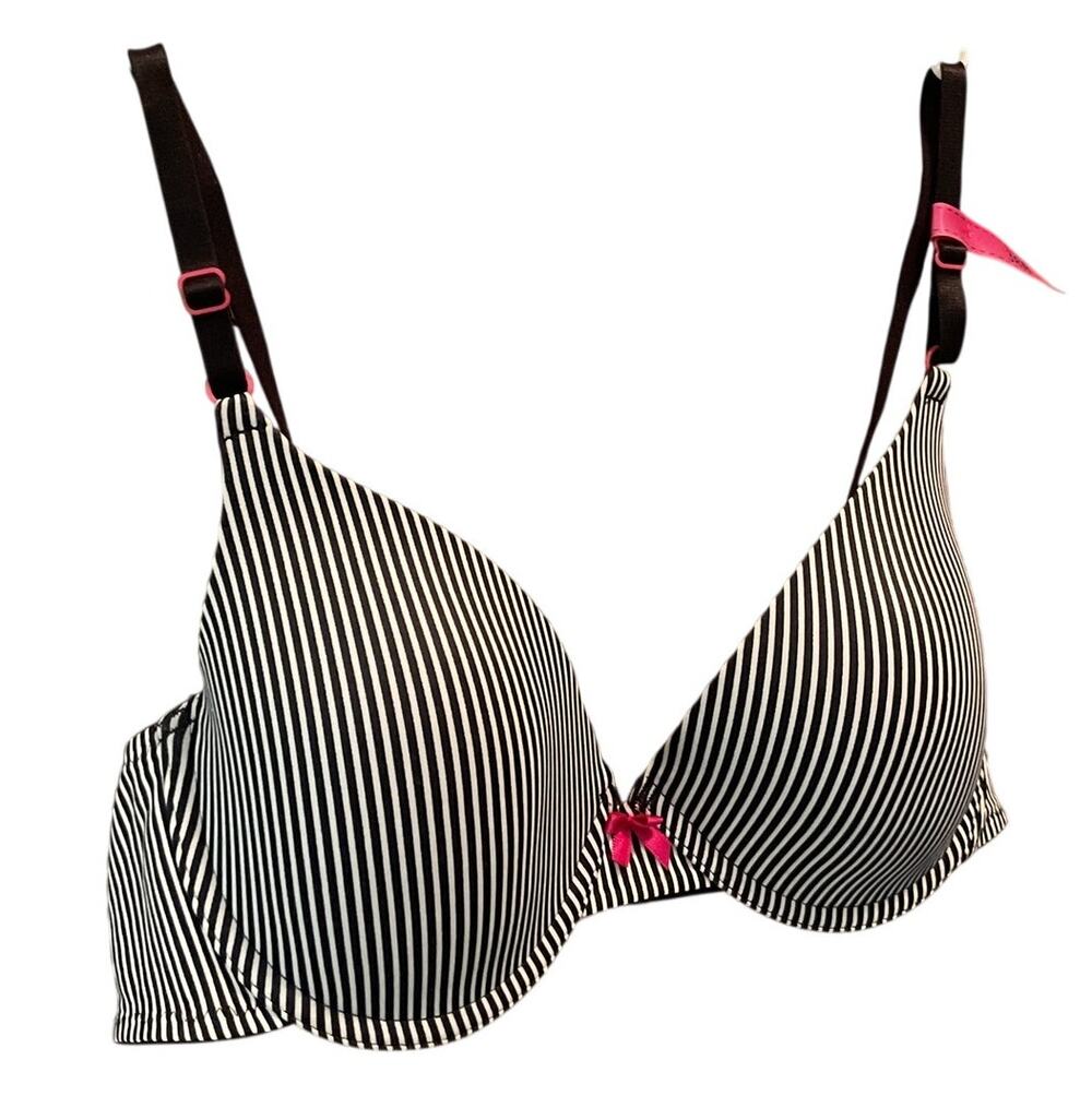 Maidenform Womens Sz 38B Lightly Padded T Shirt Bra Black White Striped Pink Bow